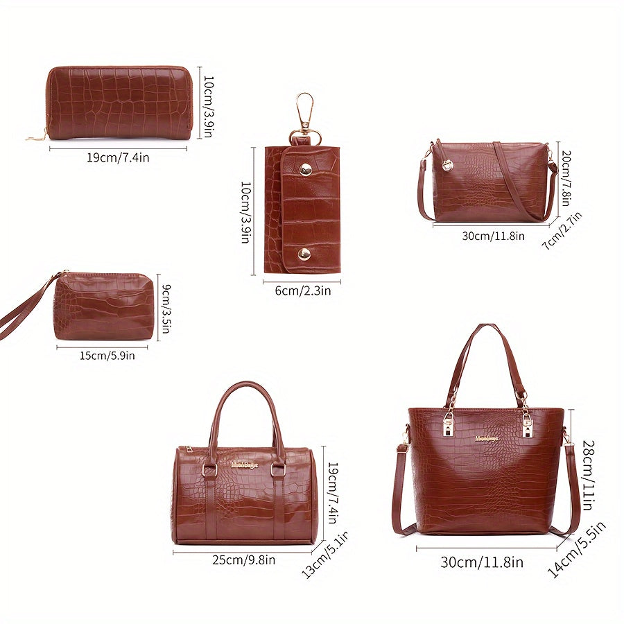 Conjunto De 6 Bolsos Con Estampado De Cocodrilo Para Mujeres, Bolso Tote De Color Sólido Retro Con Bolso De Mano Boston, Bolso Cruzado, Billetera Larga, Clutch De Muñeca, Monedero Y Llavero