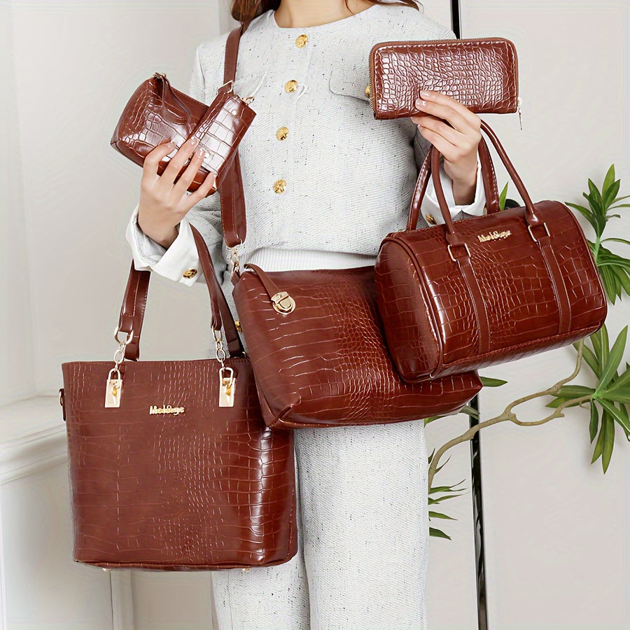 Conjunto De 6 Bolsos Con Estampado De Cocodrilo Para Mujeres, Bolso Tote De Color Sólido Retro Con Bolso De Mano Boston, Bolso Cruzado, Billetera Larga, Clutch De Muñeca, Monedero Y Llavero