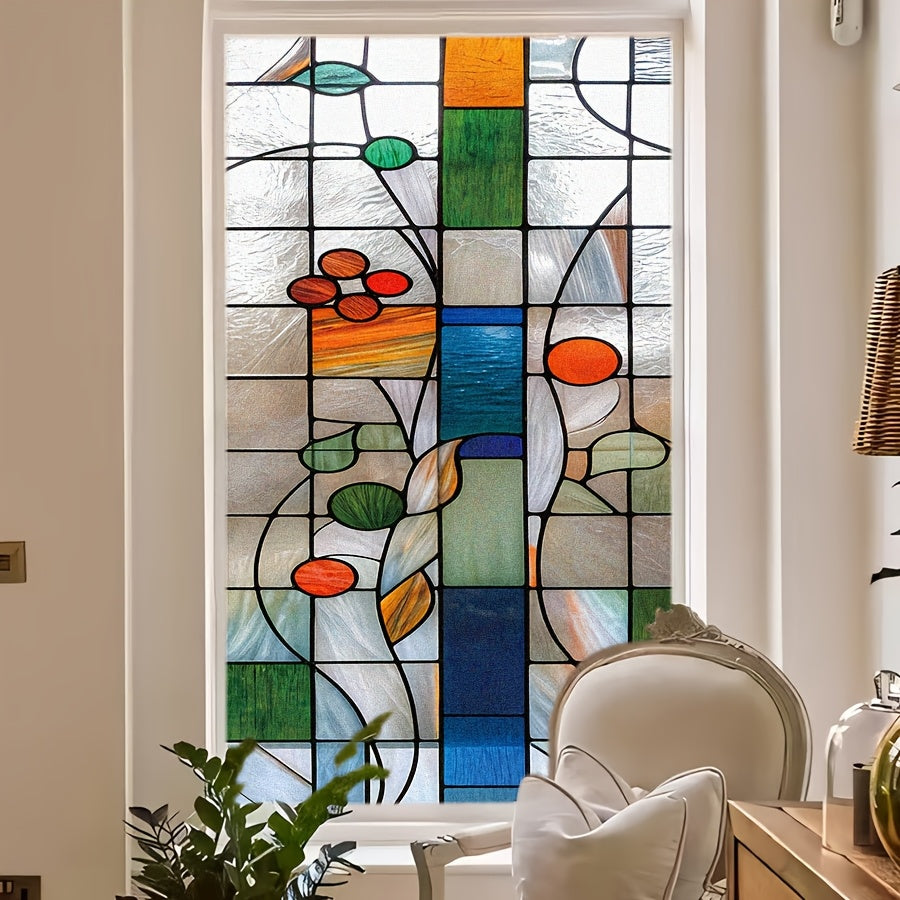 1pc Vintage French Floral Stained Glass Effect PVC Window Film - Electrostatic, Removable, 1mil Thick - Ideal for Living Room, Study, Kitchen, Bathroom, and Office Decor, Modern Art for Living Room