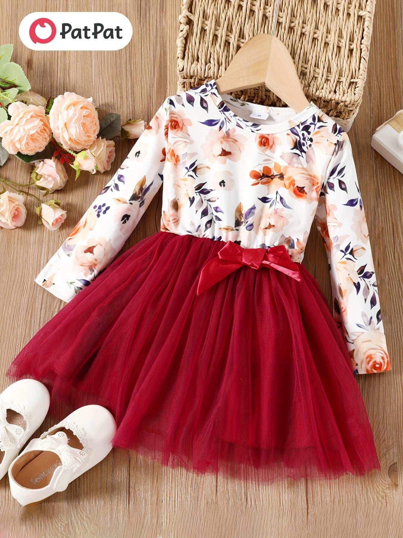 Vestido de Malla Floral con Lazo para Niña - Main Image