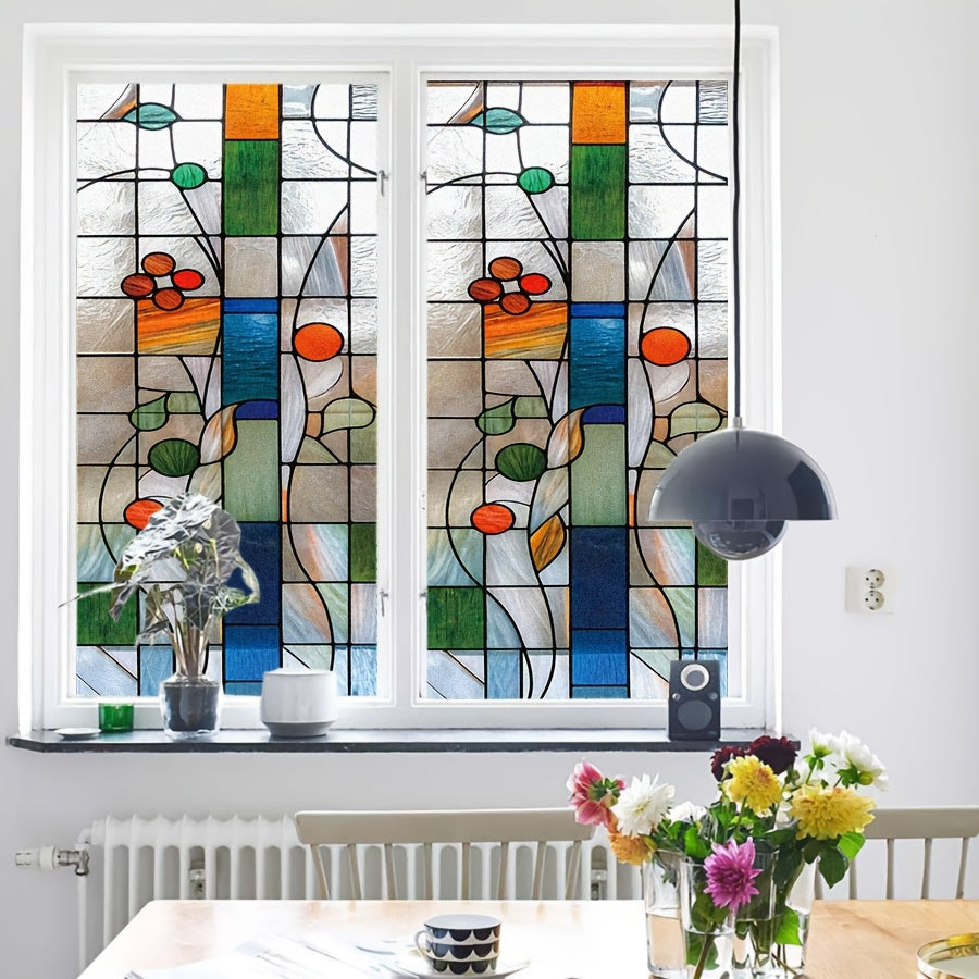 1pc Vintage French Floral Stained Glass Effect PVC Window Film - Electrostatic, Removable, 1mil Thick - Ideal for Living Room, Study, Kitchen, Bathroom, and Office Decor, Modern Art for Living Room