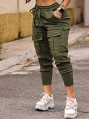 Pantalones cargo estilo jogger con bolsillo con solapa lisos, pantalones casuales con cordón para primavera y otoño, ropa de mujer