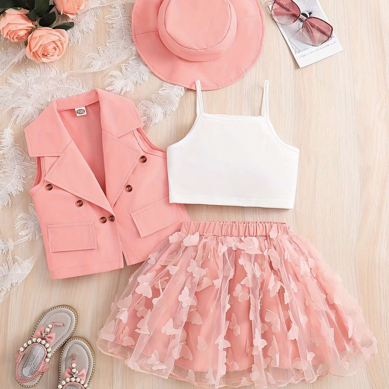 Conjunto de piezas para niña: chaleco, camisola, sombrero y