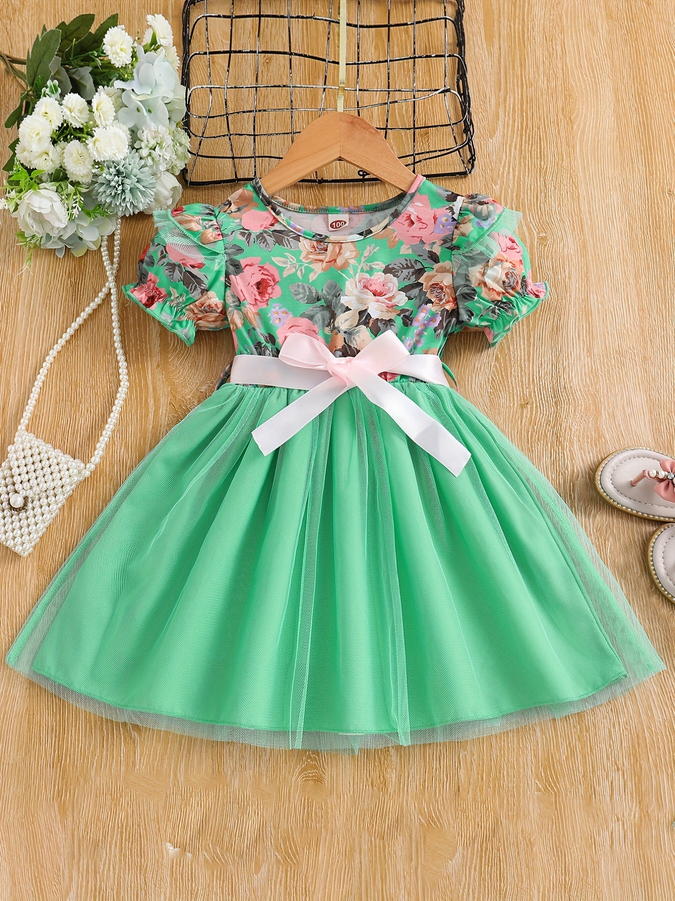 Vestido de princesa con cinturón de malla con estampado Floral y mangas abullonadas para niñas pequeñas, para fiesta, ropa de verano para niños