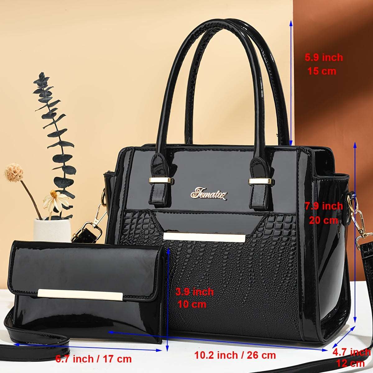 Juego de 2 Bolsos con Patrón de Cocodrilo – Tote Elegante y Brillante con Gran Capacidad & Clutch a Juego – Moda Versátil para Uso Diario y Eventos Especiales