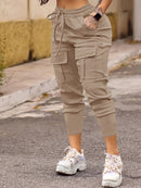 Pantalones cargo estilo jogger con bolsillo con solapa lisos, pantalones casuales con cordón para primavera y otoño, ropa de mujer