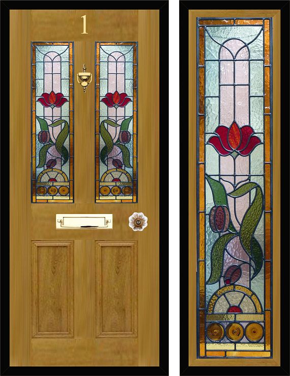 Paneles de vitral con tulipanes y diseño floral para puertas