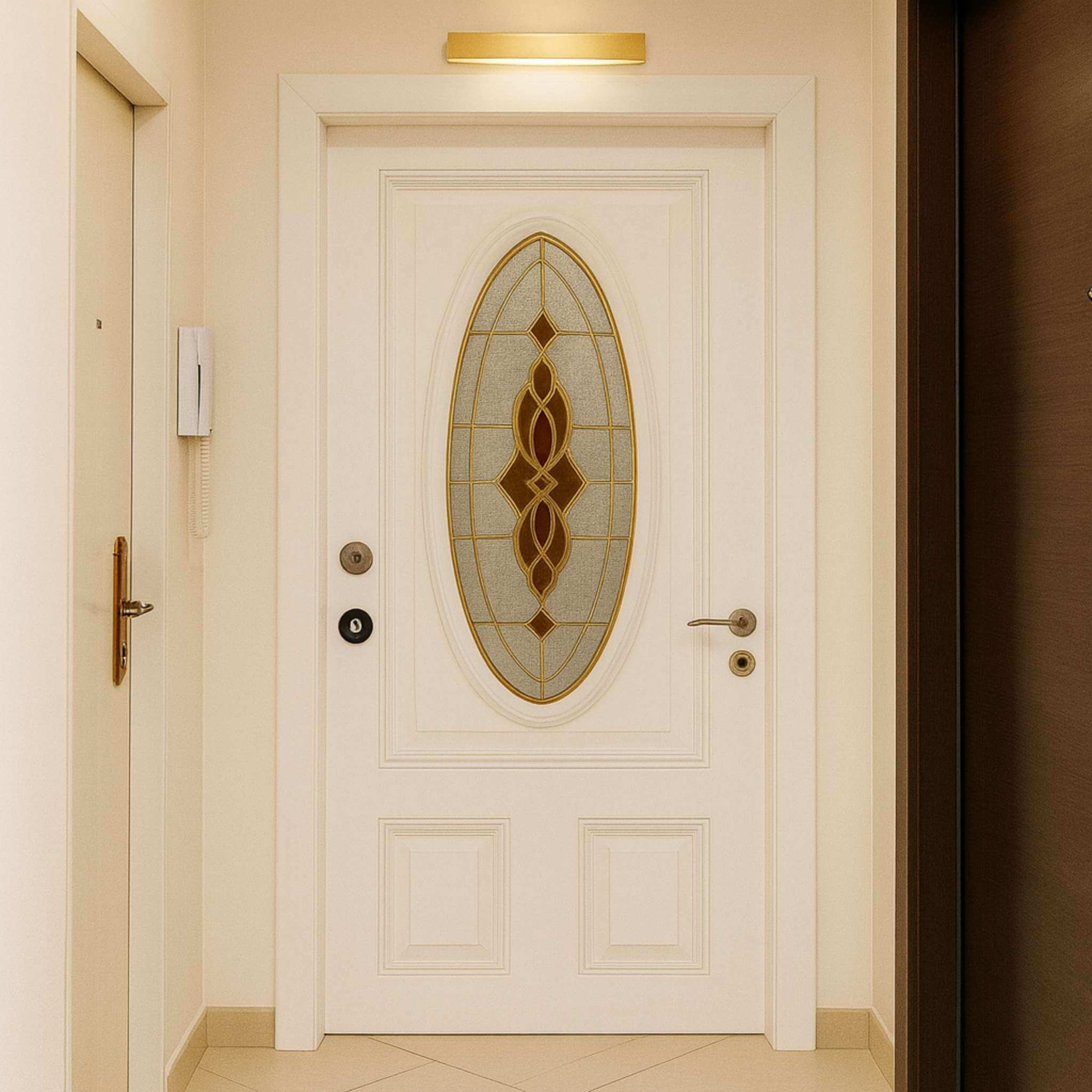 Vitral Ovalado Dorado Geométrico para Puerta | Fabricación de Vitrales ArteFusion Creativa Santo
