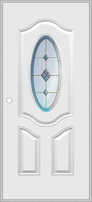 Puerta blanca completa con vitral ovalado de borde azul y rombos