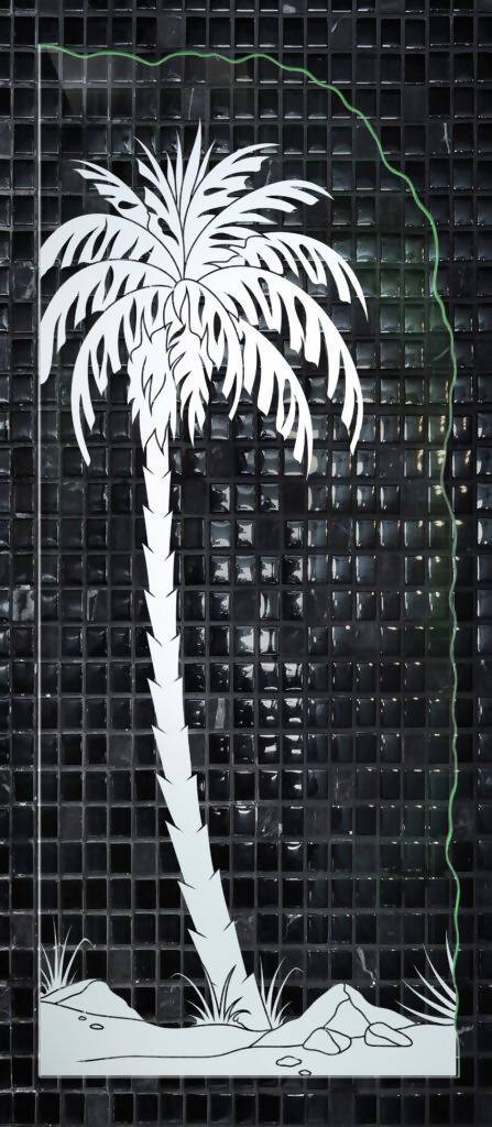 Mampara con diseño de Palma Datilera: ¡siente la brisa tropical en tu hogar con nuestro diseño exclusivo de palmeras que te transportará a una isla paradisíaca!