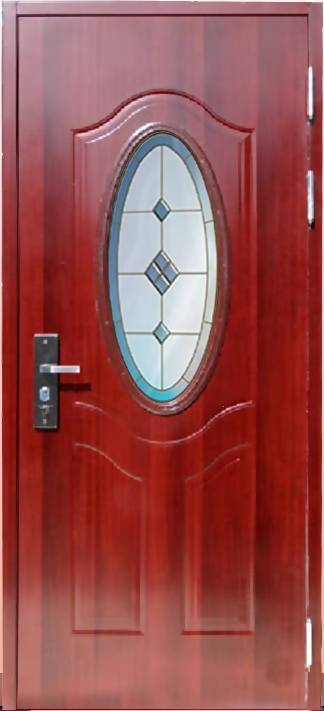 Puerta completa de acabado caoba rojizo, con vitral ovalado de borde azul y rombos